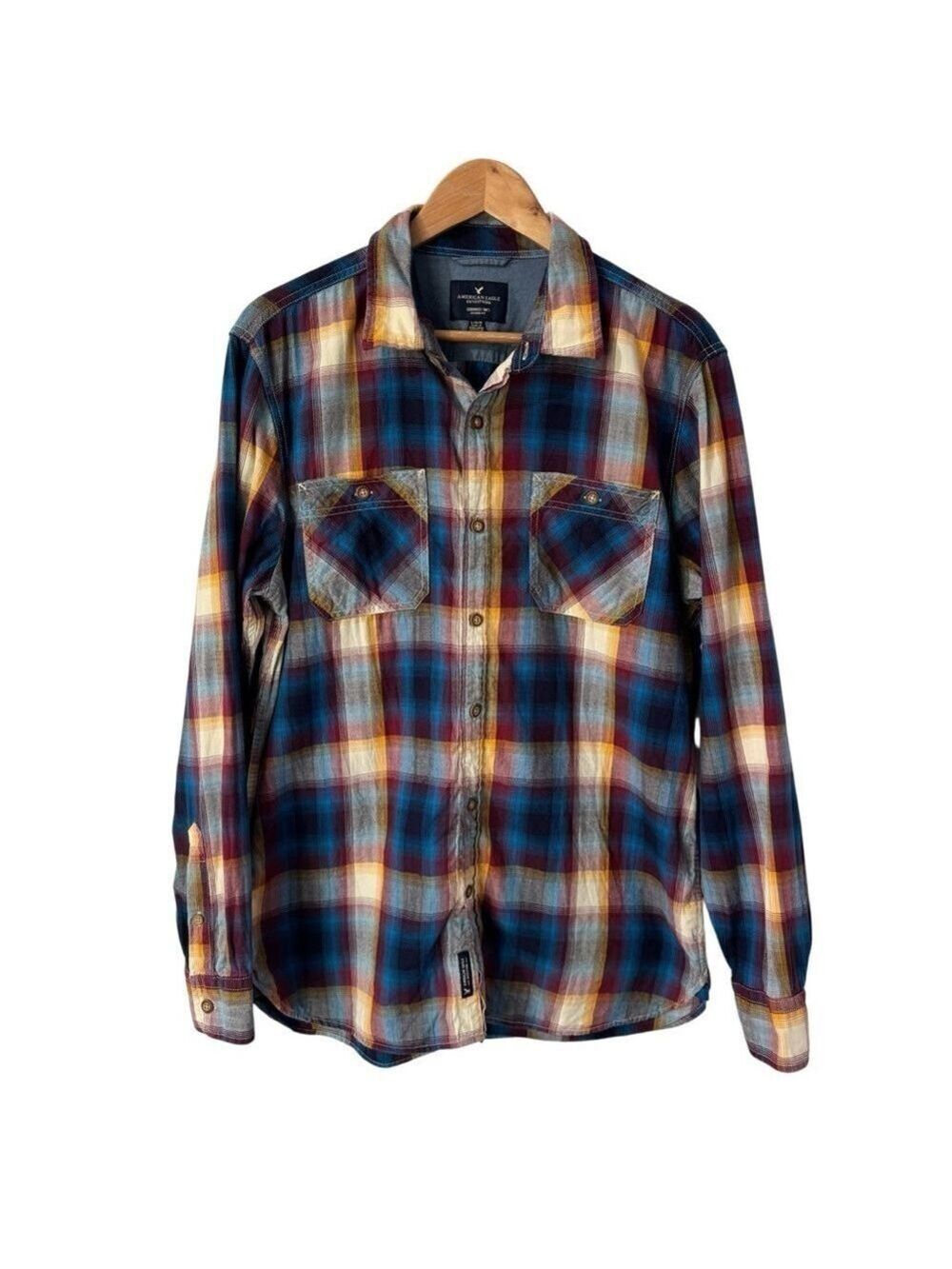 American Eagle Plaid Button Down Shirt Mens L Blue Western Country Casual EUC